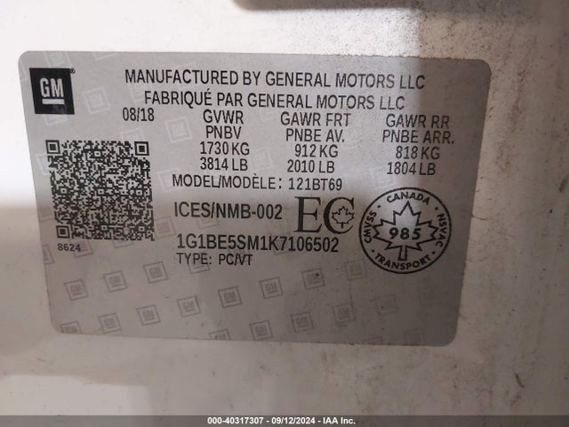 Chevrolet CRUZE LT 2019 1G1BE5SM1K7106502 Image 9