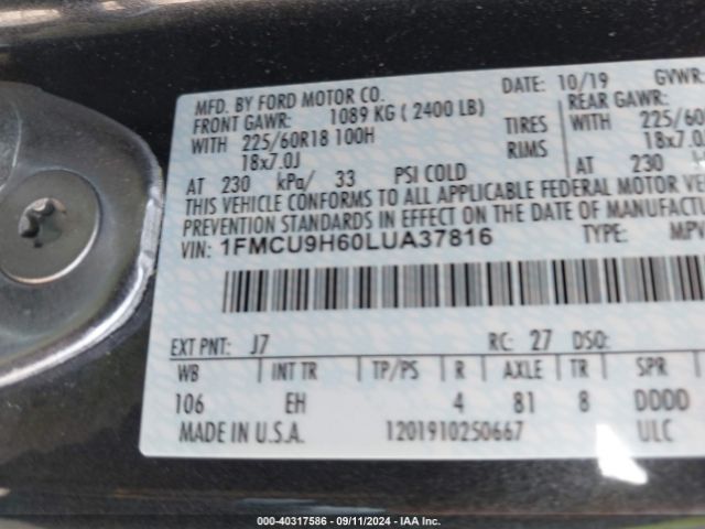 1FMCU9H60LUA37816 Ford ESCAPE SEL