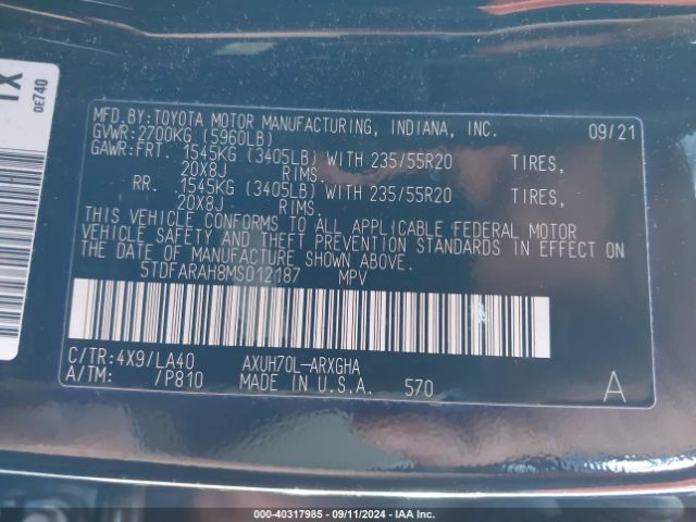 5TDFARAH8MS012187 Toyota Highlander Hybrid Platinum