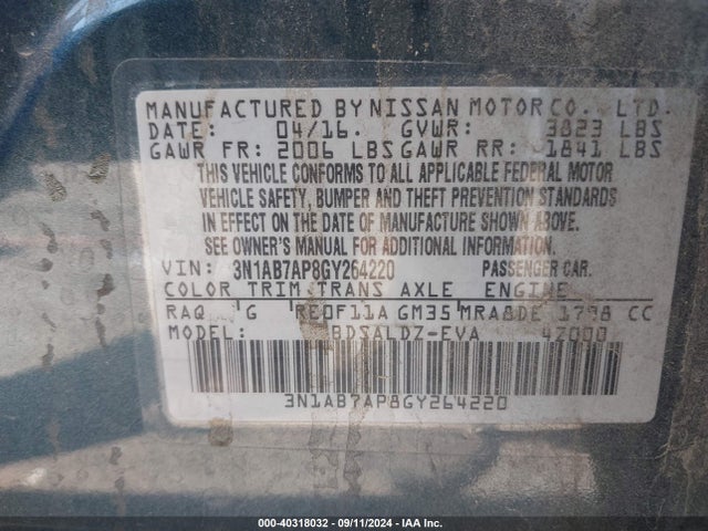 3N1AB7AP8GY264220 Nissan SENTRA SV