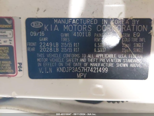 KIA SOUL + 2017 KNDJP3A57H7421499 Image 9