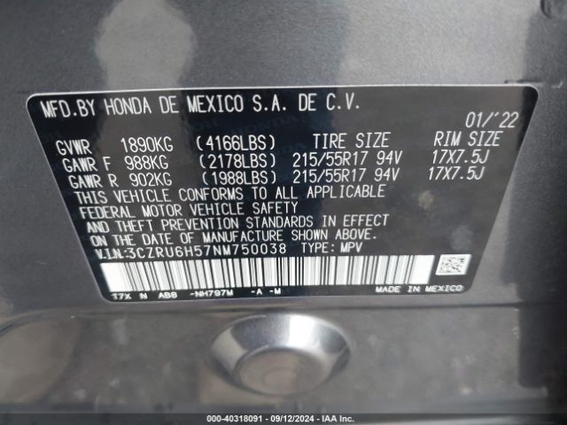 3CZRU6H57NM750038 Honda Hr-v Awd Ex