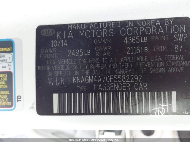 KIA Optima Lx 2015 KNAGM4A70F5582292 Image 9
