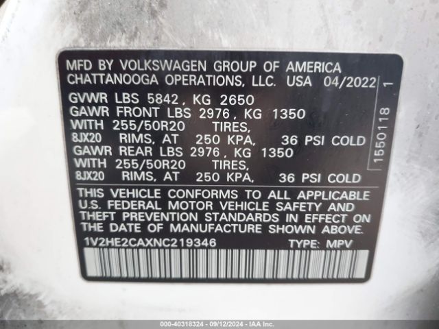 1V2HE2CAXNC219346 Volkswagen Atlas Cross Sport 3.6l V6 Se W/technology