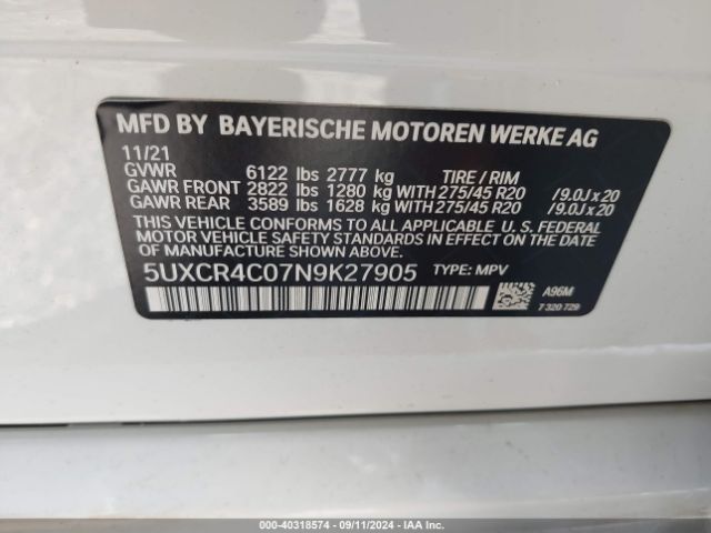 5UXCR4C07N9K27905 BMW X5 Sdrive40i
