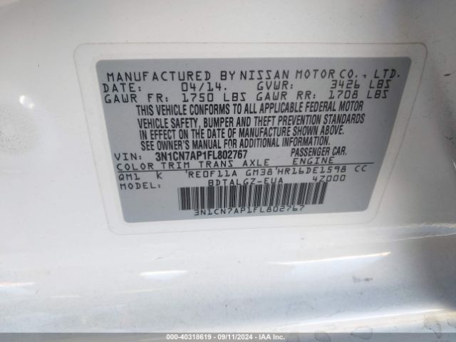 3N1CN7AP1FL802767 Nissan Versa 1.6 Sl