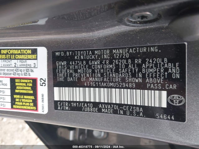 Toyota CAMRY SE 2021 4T1G11AK0MU529489 Image 9