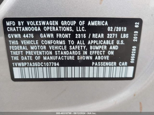 2013 VOLKSWAGEN PASSAT 1VWBP7A35DC107794 Photo 8
