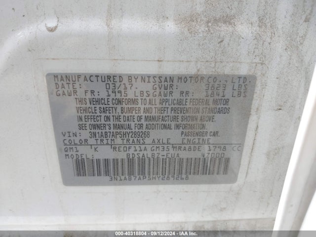 Nissan SENTRA S 2017 3N1AB7AP5HY289268 Image 9
