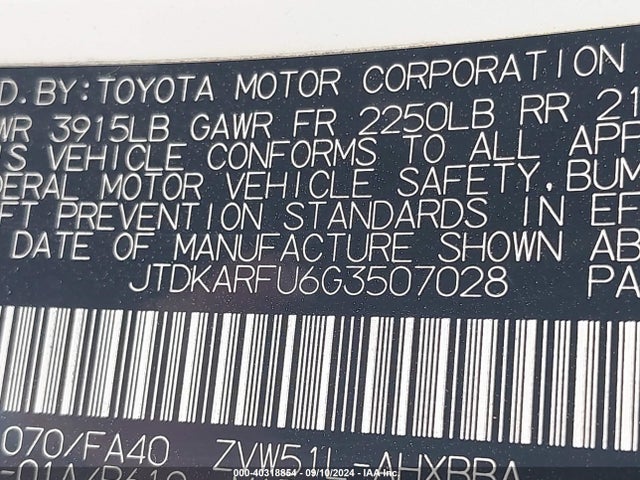 Toyota Prius Two Eco 2016 JTDKARFU6G3507028 Image 9