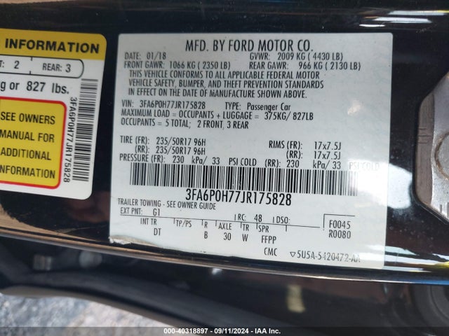 Ford FUSION SE 2018 3FA6P0H77JR175828 Image 9