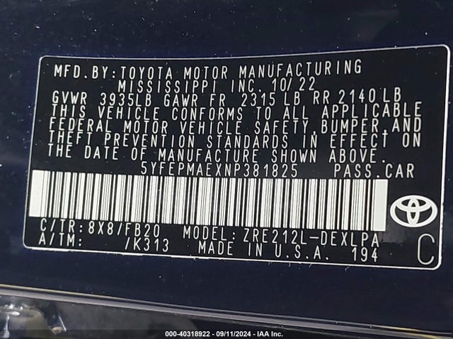 Toyota COROLLA LE 2022 5YFEPMAEXNP381825 Image 9