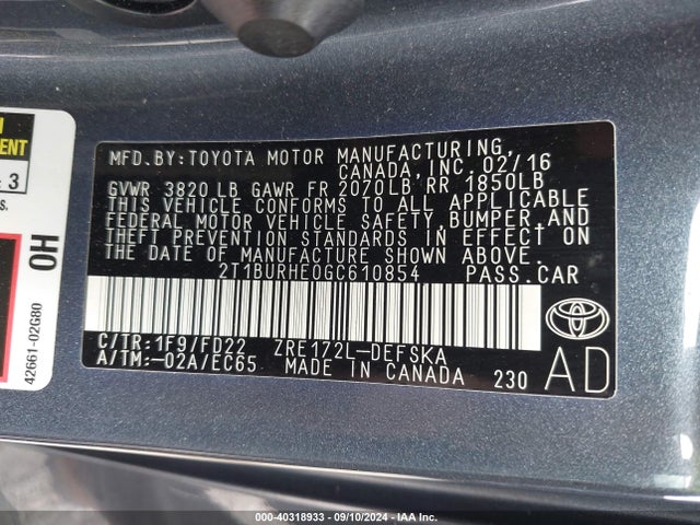 Toyota Corolla S Plus 2016 2T1BURHE0GC610854 Image 9