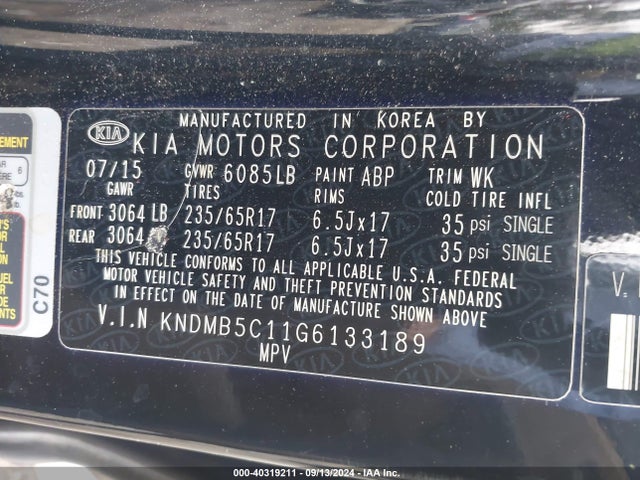 KIA SEDONA LX 2016 KNDMB5C11G6133189 Image 9