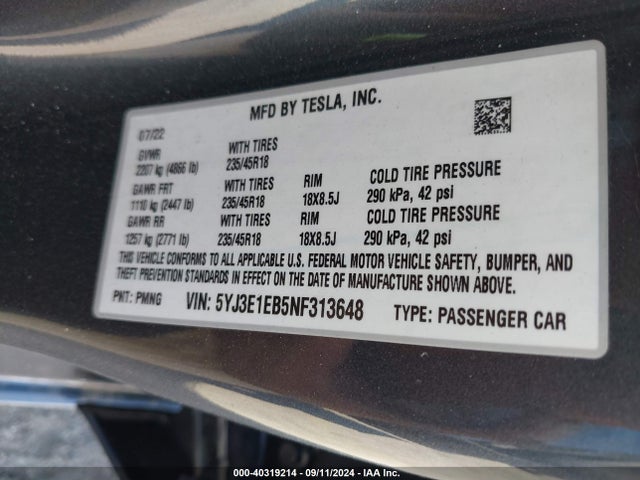 2022 TESLA MODEL 3 5YJ3E1EB5NF313648 Photo 8