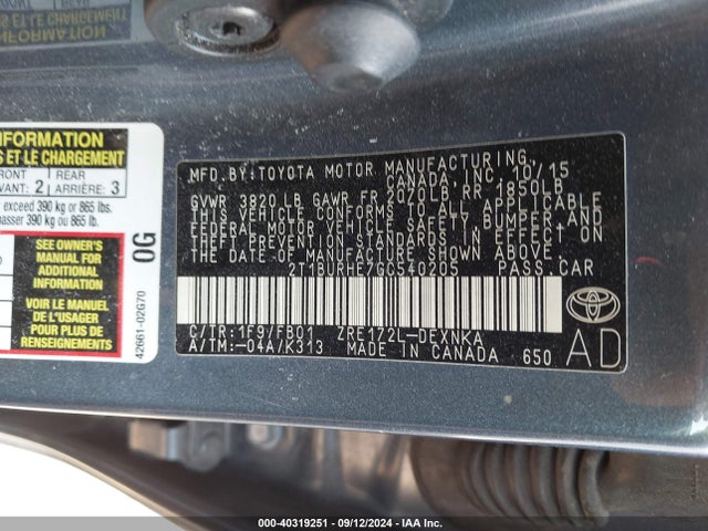 Toyota COROLLA LE 2016 2T1BURHE7GC540205 Image 9