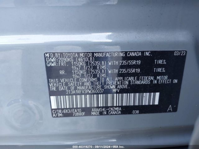 2T3A1RFV3PW360037 Toyota Rav4 Xle Premium