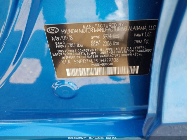 5NPD74LF9JH329708 Hyundai ELANTRA SE