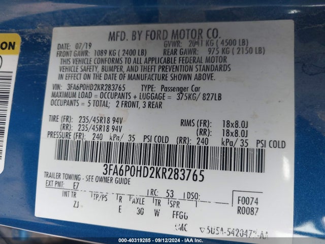 Ford FUSION SE 2019 3FA6P0HD2KR283765 Image 9
