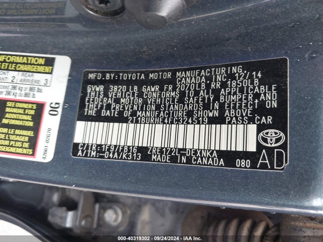 Toyota COROLLA LE 2015 2T1BURHE4FC324519 Image 9