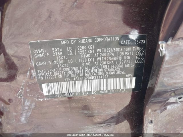 4S4BTGPD6R3114223 Subaru Outback Touring Xt