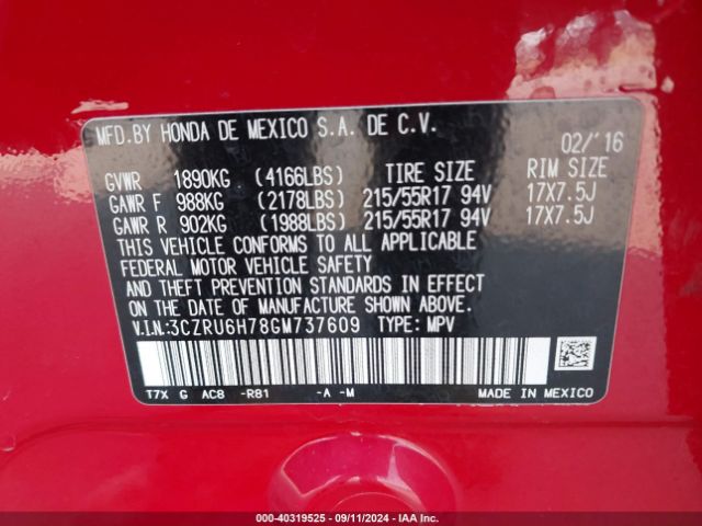 3CZRU6H78GM737609 Honda Hr-v Ex-l