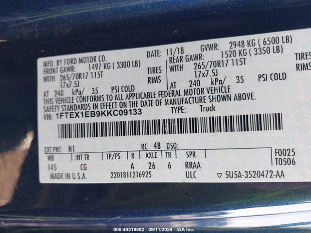 1FTEX1EB9KKC09133 Ford F-150 Xl