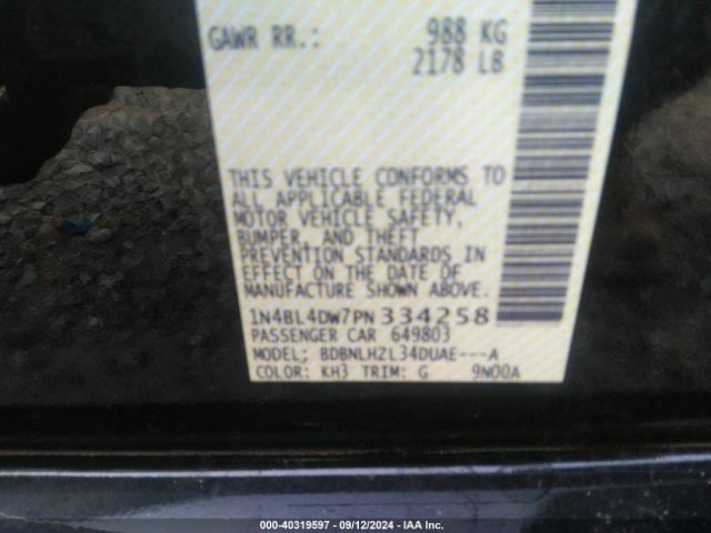 1N4BL4DW7PN334258 Nissan Altima Sv Intelligent Awd