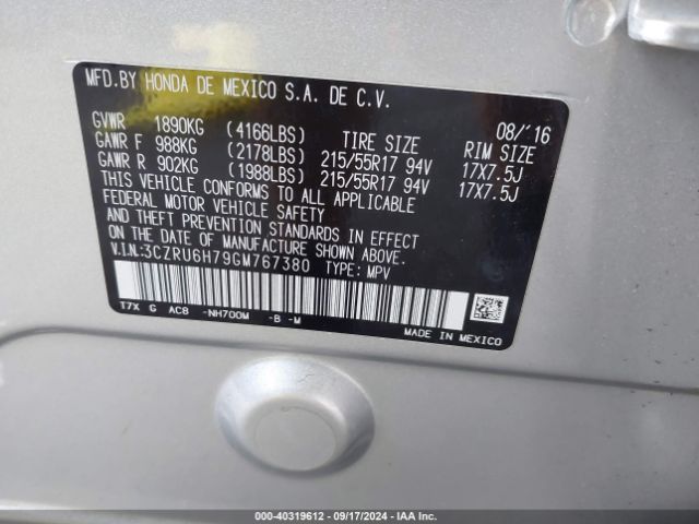 3CZRU6H79GM767380 Honda Hr-v Ex-l