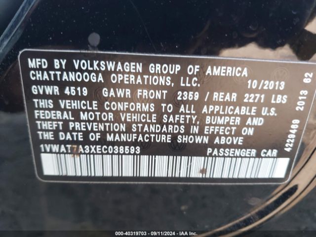 1VWAT7A3XEC038593 Volkswagen Passat 1.8t Wolfsburg Edition
