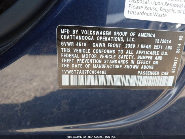 1VWBT7A37FC054465 Volkswagen Passat 1.8t Se