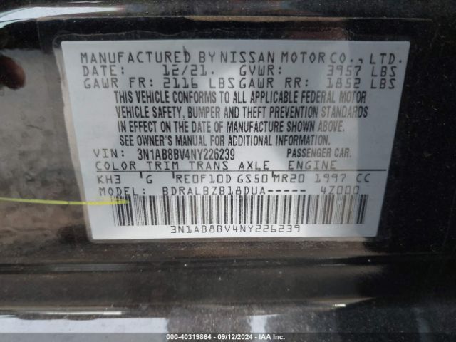 3N1AB8BV4NY226239 Nissan Sentra S Xtronic Cvt