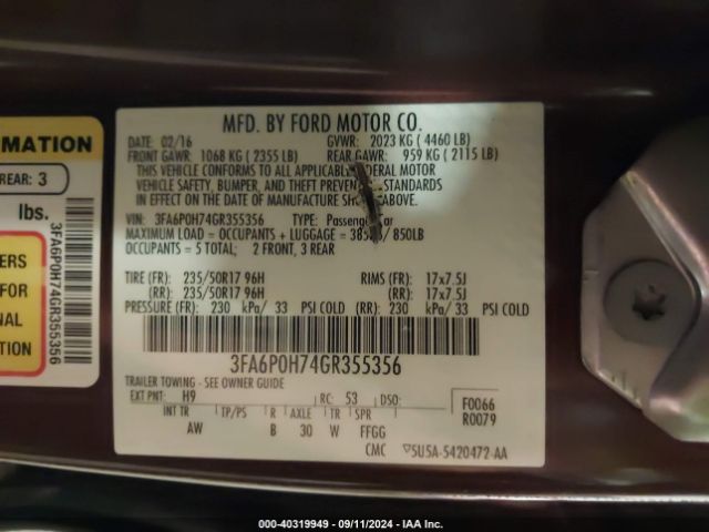 3FA6P0H74GR355356 Ford FUSION SE