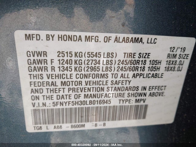 Honda Pilot 2wd Ex 2020 5FNYF5H30LB016945 Image 9