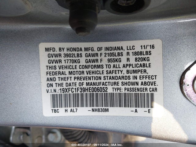 Honda Civic Ex-t 2017 19XFC1F39HE006052 Image 9