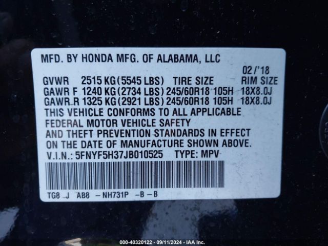 5FNYF5H37JB010525 Honda Pilot Ex