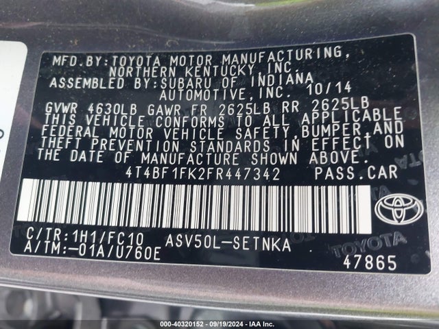 Toyota CAMRY LE 2015 4T4BF1FK2FR447342 Image 9