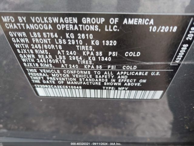 1V2DR2CA2KC510048 Volkswagen Atlas 3.6l V6 Se