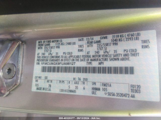1FMCU9GX9FUA98127 Ford ESCAPE SE