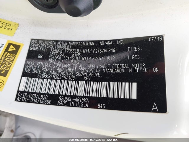 Toyota Highlander Xle V6 2016 5TDKKRFH3GS167108 Image 9
