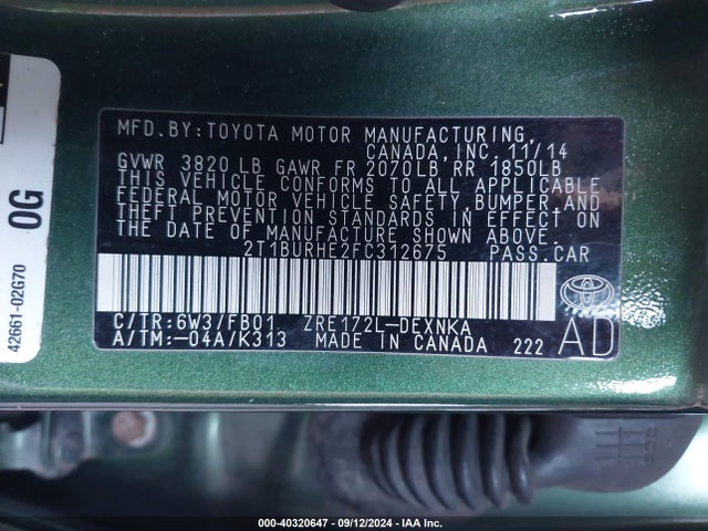 Toyota COROLLA LE 2015 2T1BURHE2FC312675 Image 9