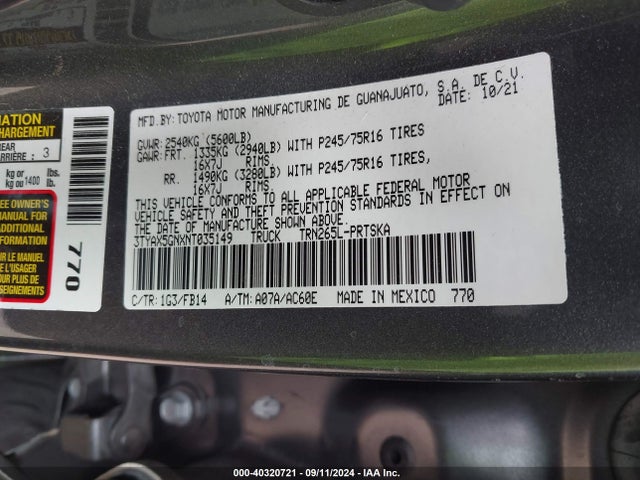 Toyota Tacoma Sr 2022 3TYAX5GNXNT035149 Image 9