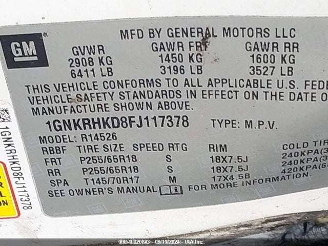 Chevrolet llt 2015 1GNKRHKD8FJ117378 Image 9
