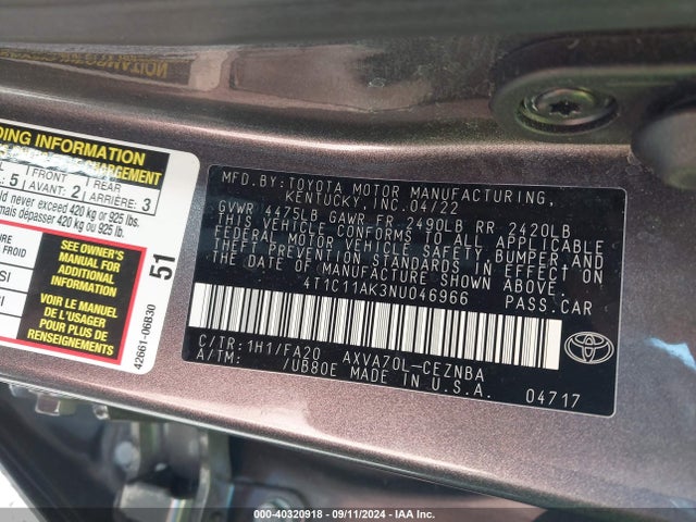 Toyota CAMRY LE 2022 4T1C11AK3NU046966 Image 9