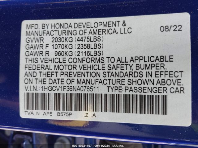 1HGCV1F36NA076511 Honda Accord Sport