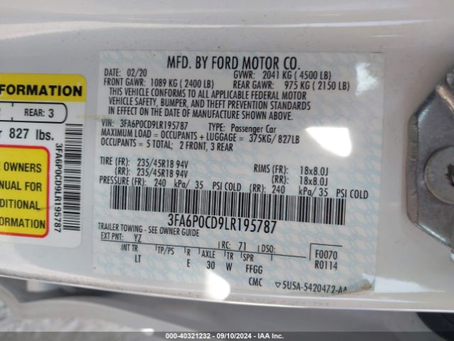 3FA6P0CD9LR195787 Ford FUSION SEL