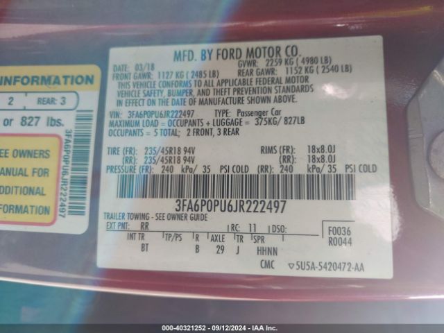 3FA6P0PU6JR222497 Ford Fusion Energi Se Luxury