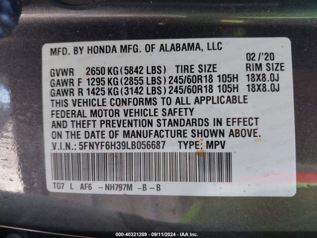 Honda Pilot Awd Ex 2020 5FNYF6H39LB056687 Image 9