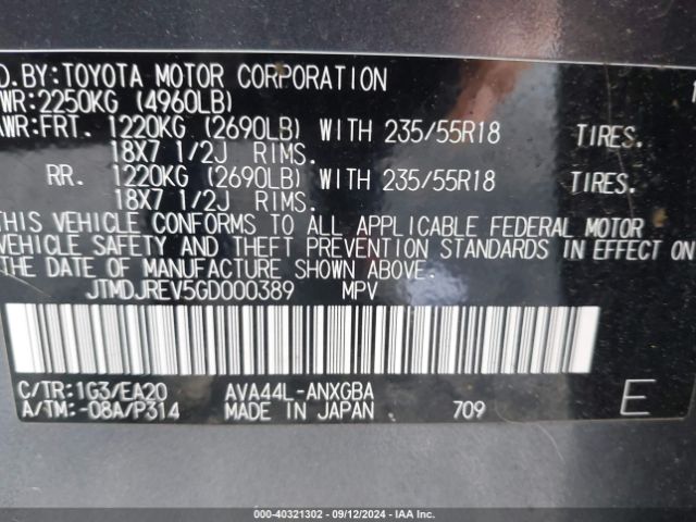 JTMDJREV5GD000389 Toyota Rav4 Hybrid Limited