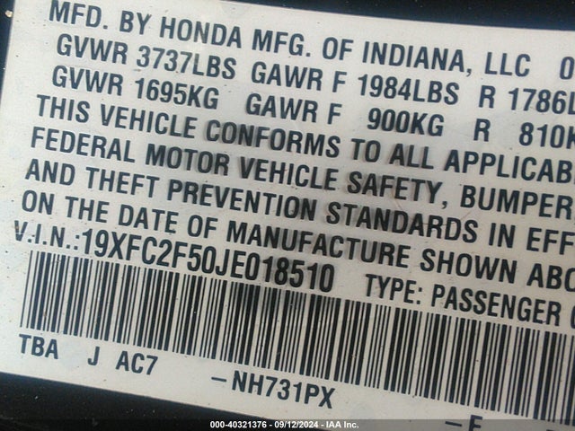 Honda Civic Lx 2018 19XFC2F50JE018510 Image 9